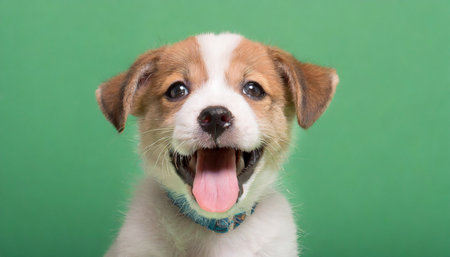 happy smiling puppy dog expression on green backgroundの素材