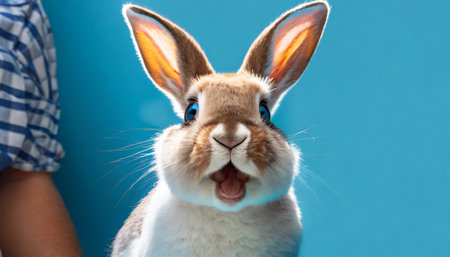 shocked rabbit with big eyes on blue background studio portrait of surprised rabbit space background for sale banner posterの素材