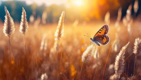 abstract summer autumn field landscape at sunset with soft focus dry ears of grass in the meadow and a flying butterfly warm golden hour of sunset sunrise time calm autumn nature forest backgroundの素材