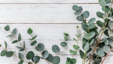eucalyptus branches and leaves on wooden rustic white background minimal background eucalyptus on white board flat lay top view copy spaceの素材