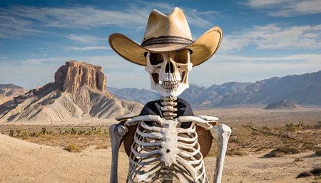 skeleton cowboy with hat and desert backgroundの素材