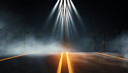 3d rendering abstract asphalt light in a dark empty street with smoke dark background scene of empty street night cityの素材