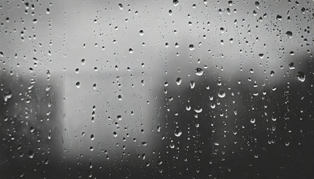 atmospheric minimal grayscale backdrop with rain droplets on glass wet window with rainy drops and dirt spots closeup blurry minimalist monochrome background of dirty window glass with raindropsの素材
