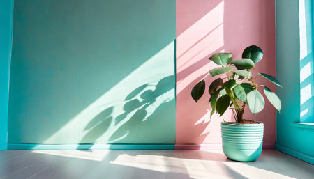 simple interior front view wall with sunlight shade from window green potted plant minimal cozy style pastel pink and mint blue colors generative ai photo imitationの素材