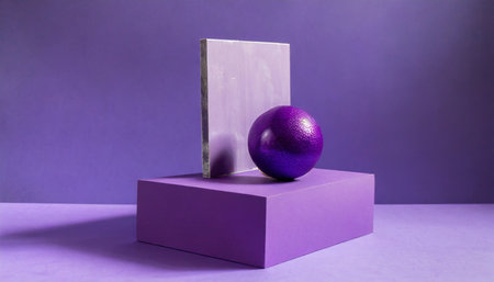 dimensional compositions of geometric shapes concept purple ball on textured box and mirror on purple background abstract and still life styleの素材