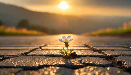 a small flower growing on a cracked asphalt road glistens in the light of the setting sun success concept suitable for life and hard workの素材