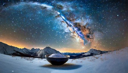 bowl of heavens bright and vivid milky way galaxy over the snowy mountains beautiful starry night sky seems to be in a bowl between the silhouetted hillsの素材