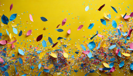 colored confetti flying on yellow backgroundの素材
