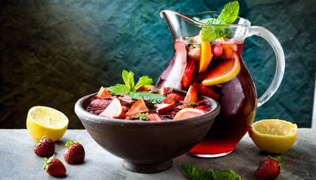 pitcher of tangy fresh fruit ripe sangria with mint leaves and strawberry slices maroon in a large bowlの素材