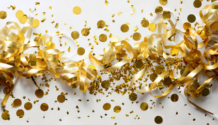 golden confetti on white background festive party or holiday glitter backdrop flat lay top viewの素材