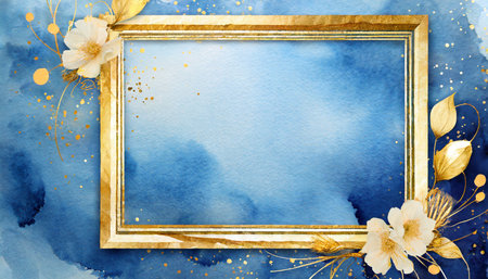 rectangular gold frame on an abstract blue background modern watercolor texture template a beautiful invitation card for a celebration or weddingの素材