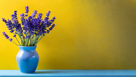 blue lavender in a vase on yellow backgroundの素材