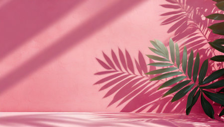 premium abstract light pink wall summer background with leaves shadowの素材
