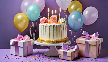 birthday cake with candles gift boxes and balloons on purple backgroundの素材