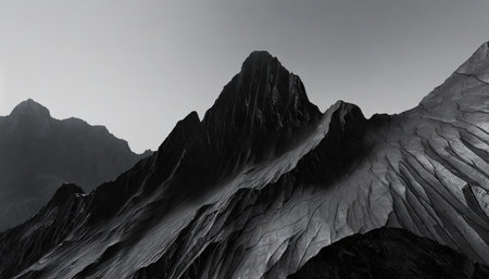 black mountains in blur abstract mountain landscape black and gray minimalistic gloomy black stone relief rocks 3d renderの素材