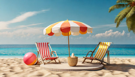 summer vacation beach abstract background concept minimal realistic display podium for product mock up or cosmetics with summer theme beach umbrella sand chairs inflatable ring 3d renderingの素材
