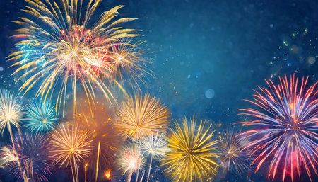 fireworks colorful explosions on blue festive background with copy spaceの素材