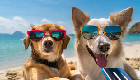 two dogs are taking selfies on a beach wearing sunglasses sunny day with blue waterの素材