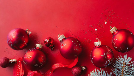 red christmas baubles decoration on red background new year party background minimal style flat layの素材