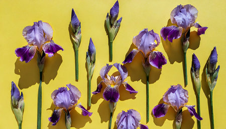 creative pattern made of beautiful iris flowers on yellow background summer refreshment concept sunlit flat lay minimal style top viewの素材