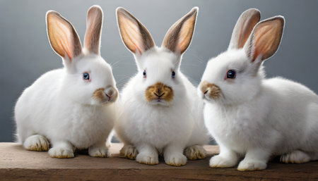 collection of three white rabbits portrait sitting animal bundle on a white background asの素材