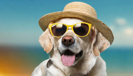 happy dog in sunglasses and hat on background illustration aiの素材