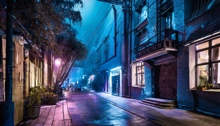 dark street in cyberpunk city at night buildings with neon lightsの素材