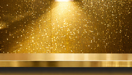 golden steel countertop empty shelf kitchen counter on gold background with spot light bar desk surface in foregroundの素材