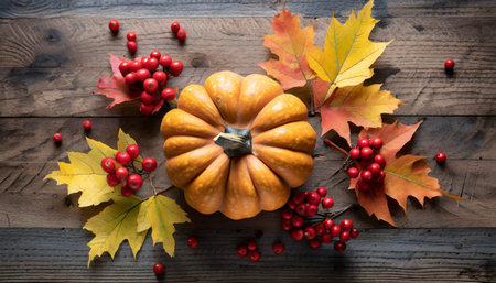 top view of autumn maple leaves with pumpkin and red berries on old wooden background thanksgiving day conceptの素材