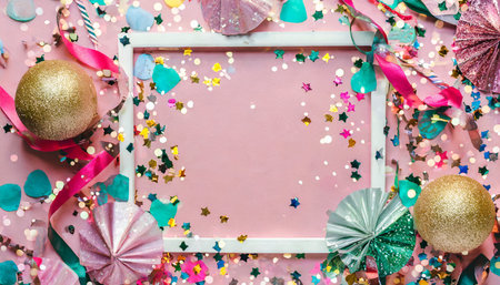 colorful confetti and sparkles on pink pastel trendy background festive frame holiday backdrop flat lay copy spaceの素材