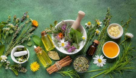 botanical blends herbs and essential oils for naturopathy natural remedies for bath and tea on green backgroundの素材