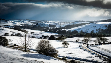 a snow covered landscape bathed in lightの素材