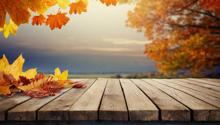 autumn background with wooden planksの素材