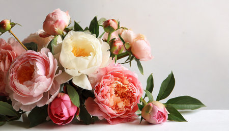 beautiful peony flowers and roses on a light background flower arrangement with place for text summer banner greeting card for wedding birthday template for design selective focusの素材