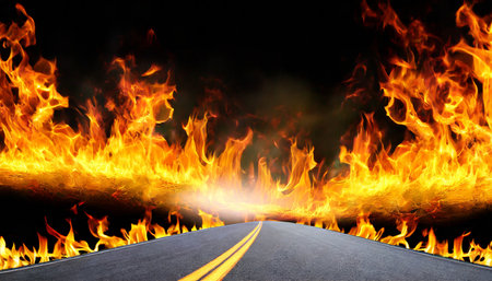 blazing flames and road on fire over black background generative aiの素材