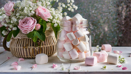 jar of pink and white marshmallows on a table with flowersの素材