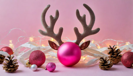 christmas decoration with reindeer horns and pink ball on a pink backgroundの素材