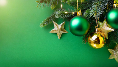 christmas and new year holiday background emerald glass balls and gold star hanging christmas tree branch on green background with copy space for text the concept of christmas and new year holidaysの素材