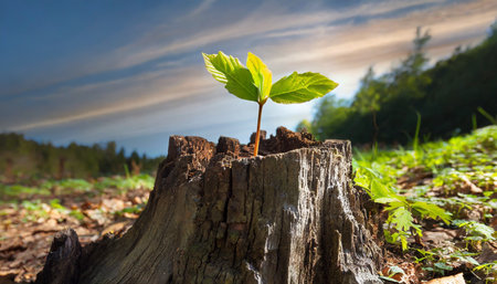 young tree emerging from old tree stumpの素材