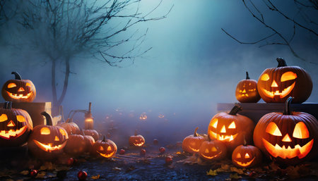 foggy night with launched pumpkins halloween backgroundの素材