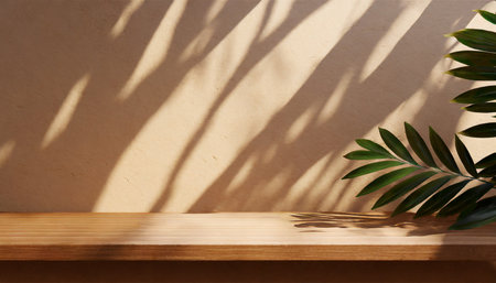 blank brown wooden counter table in soft sunlight leaf shadow on beige texture wallpaper wall for luxury organic cosmetic skincare beauty body care treatment product display background 3dの素材