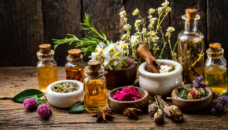 botanical blends herbs essencial oils for naturopathy natural remedy herbal medicine blends for bath and tea on wooden table backgroundの素材