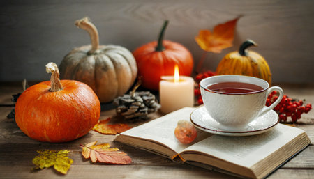 cozy warm autumn composition with cup of hot tea burning candle open book and pumpkins on wooden background autumn home decor fall mood thanksgiving halloweenの素材