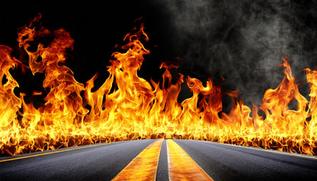 blazing flames and road on fire over black background generative aiの素材