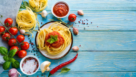 pasta with tomatoes sauce and other components on a light blue wooden background free space for textの素材