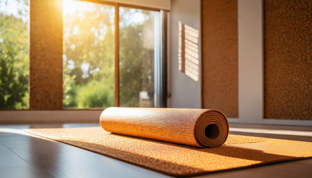 image of corkwood yoga mat on the floor of a bright sunny studio with copyspaceの素材
