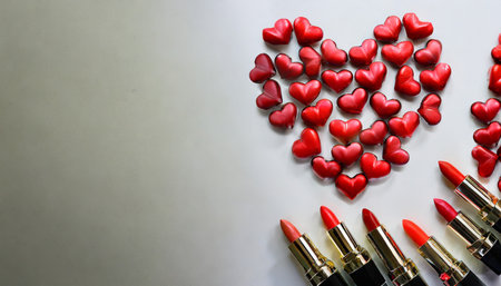 red heart shape written from red lipstick on white background with copy space for valentine s day and love conceptの素材