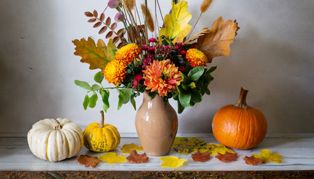 a vase with an arrangement of autumn flowers and leaves placed next to pumpkin decorの素材