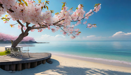 a peaceful fantasy place of a beach with cherry trees generative ai technologyの素材