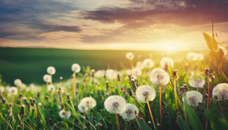 green summer meadow with dandelions at sunset nature backgroundの素材
